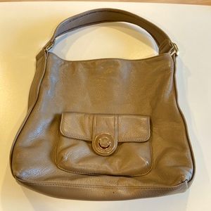 Michael Kors warm tan pebbled leather hobo style handbag with gold trim